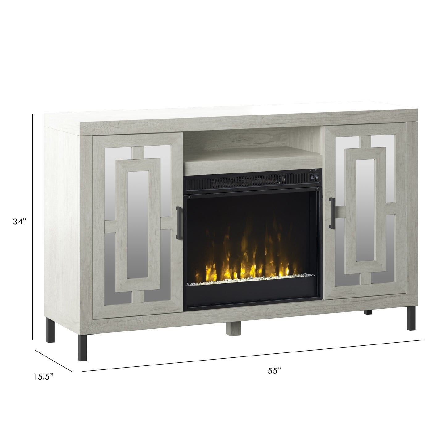 TV Stand for TVs up to 60" with Electric Fireplace and Mirrored Cabinet Doors