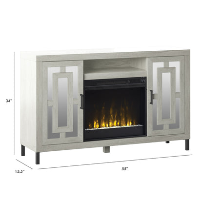 TV Stand for TVs up to 60" with Electric Fireplace and Mirrored Cabinet Doors