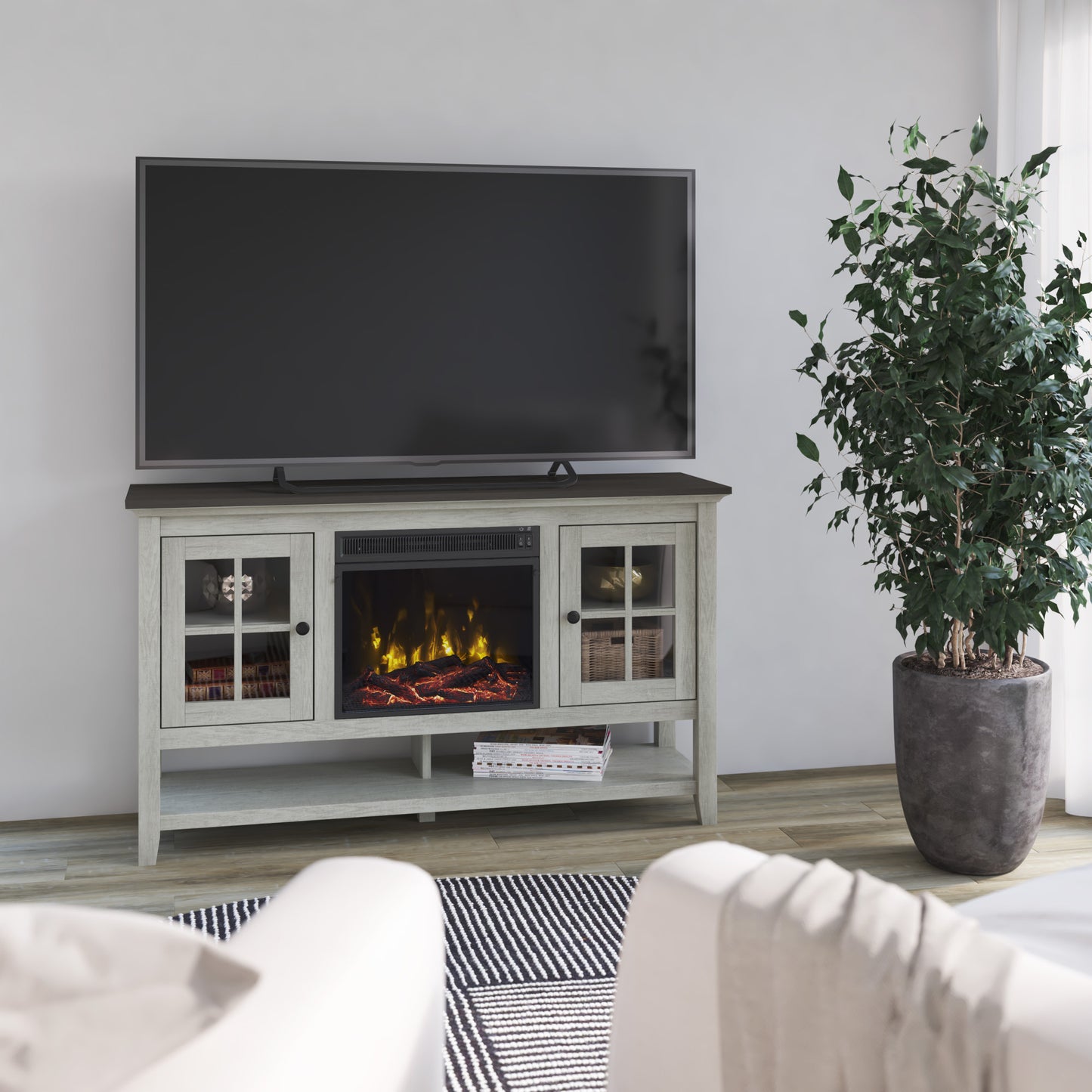 TV Stand for TVs up to 60" with Electric Fireplace and Window Pane Glass Doors