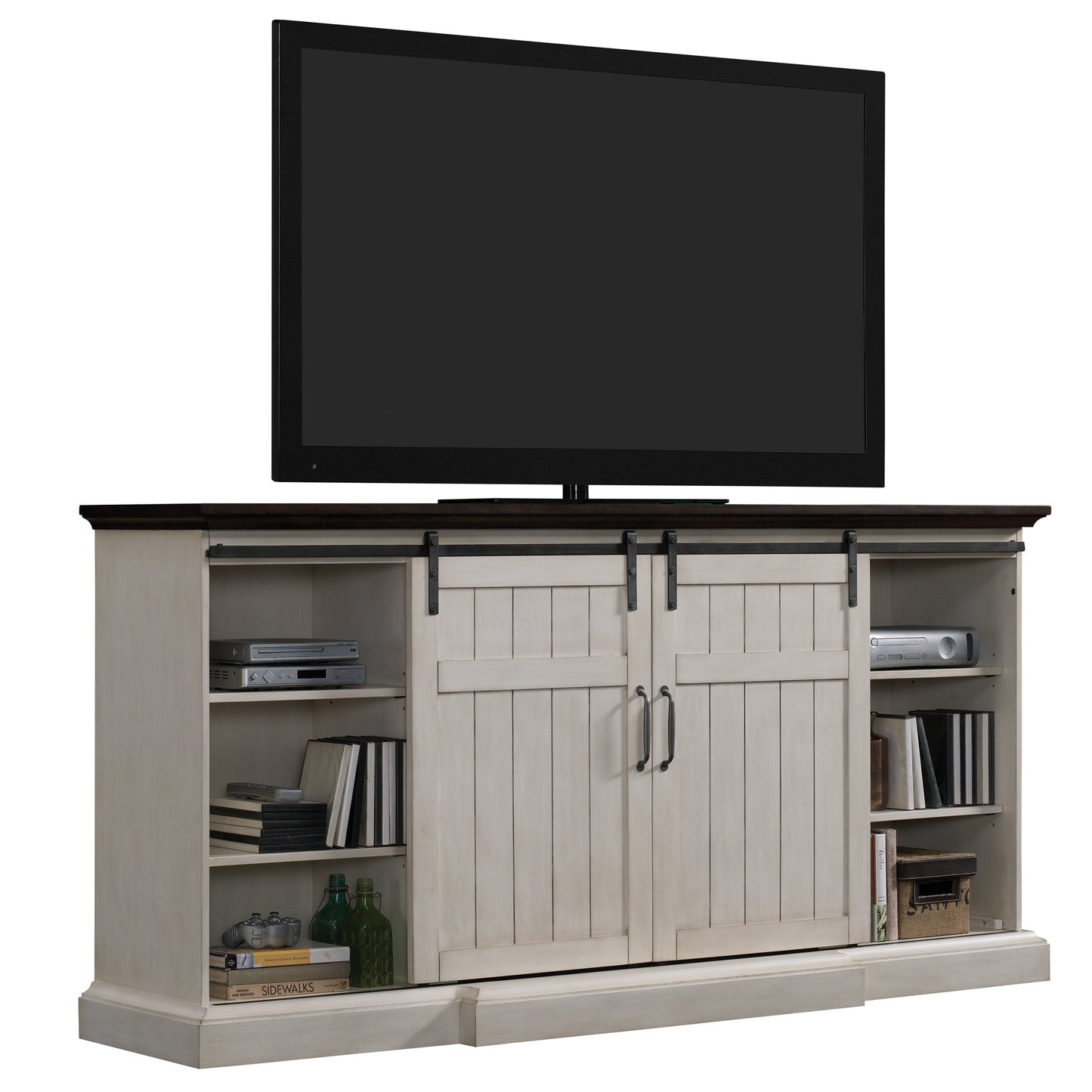 Cabaret TV Stand for TVs up to 80” with 32” 3D Infrared Quartz Electric Fireplace, Weathered White