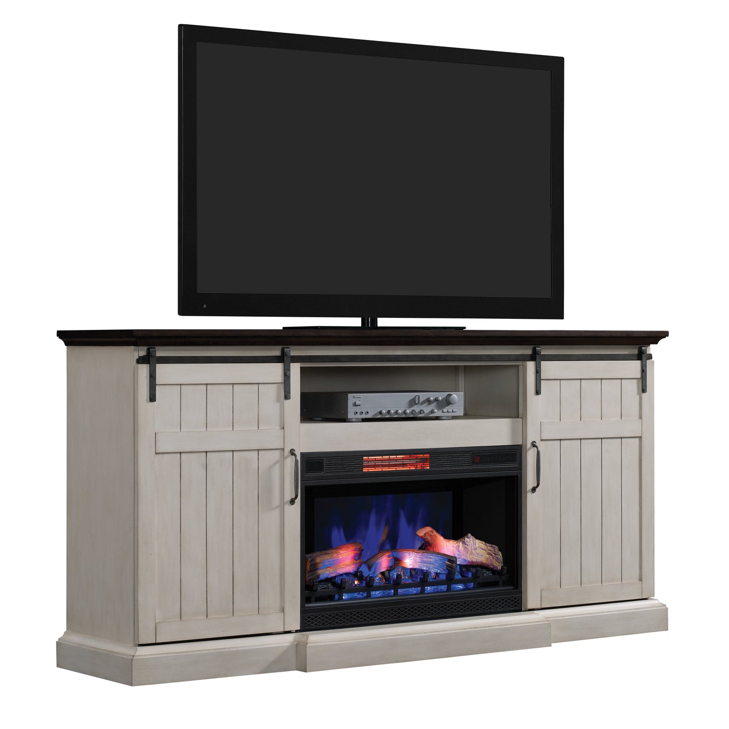 Cabaret TV Stand for TVs up to 80” with 32” 3D Infrared Quartz Electric Fireplace, Weathered White