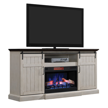 Cabaret TV Stand for TVs up to 80” with 32” 3D Infrared Quartz Electric Fireplace, Weathered White