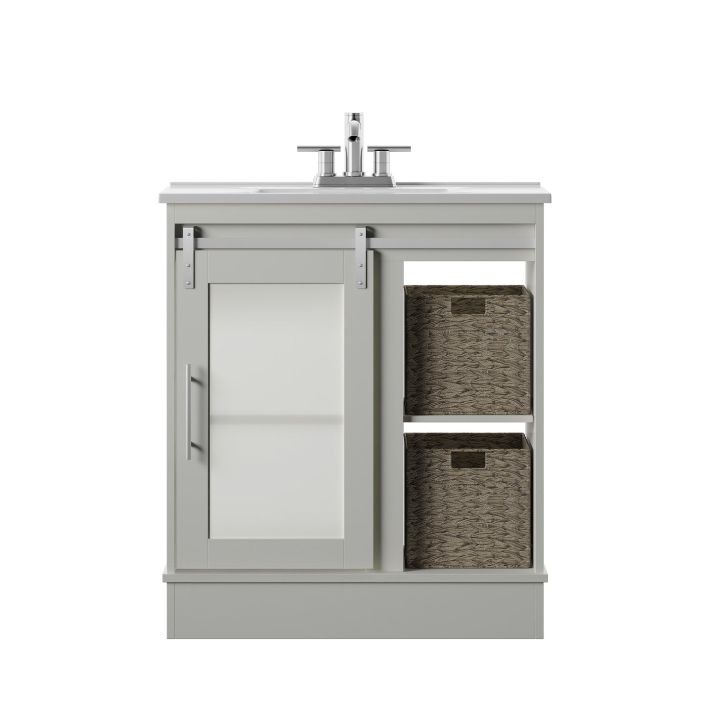 30" Contemporary Sliding Barn Door Single Bathroom Vanity with Woven Baskets