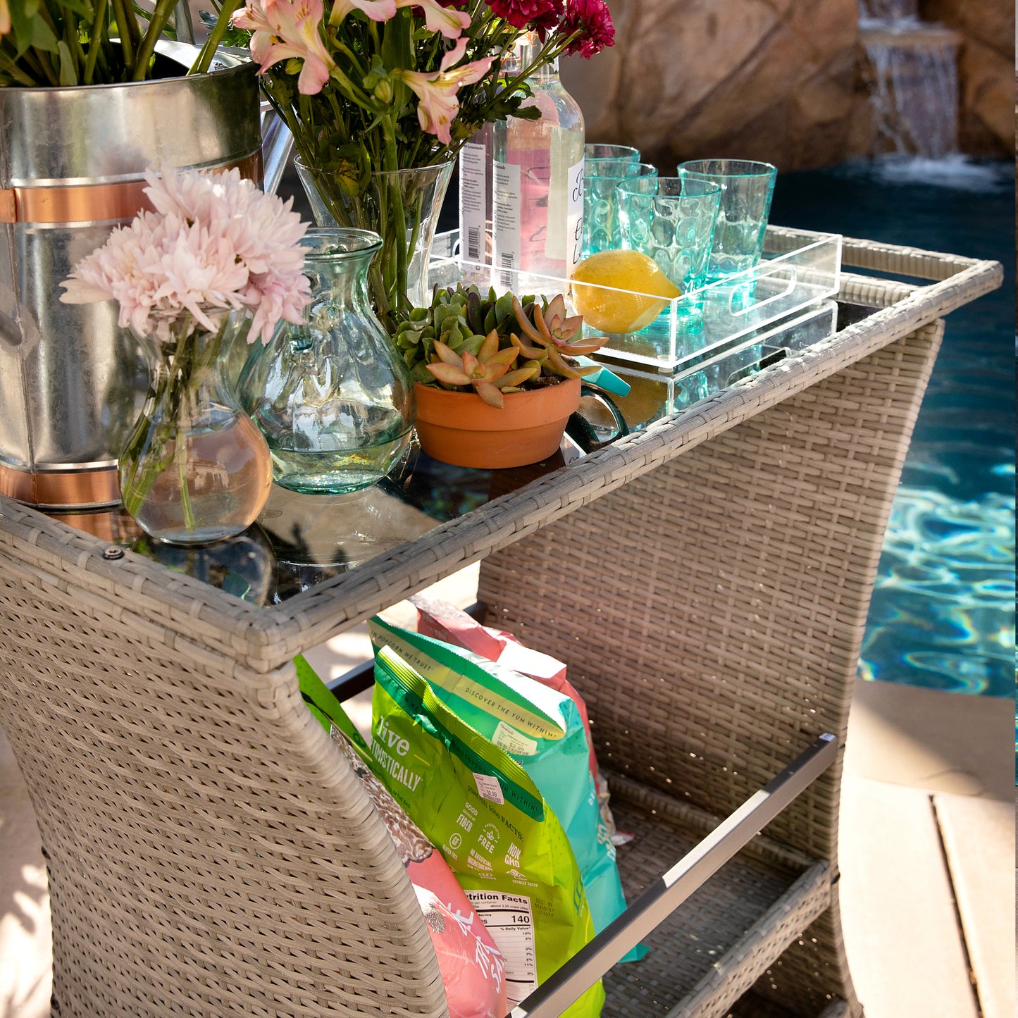 TK Classics Outdoor Wicker Bar Cart with Serving Tray