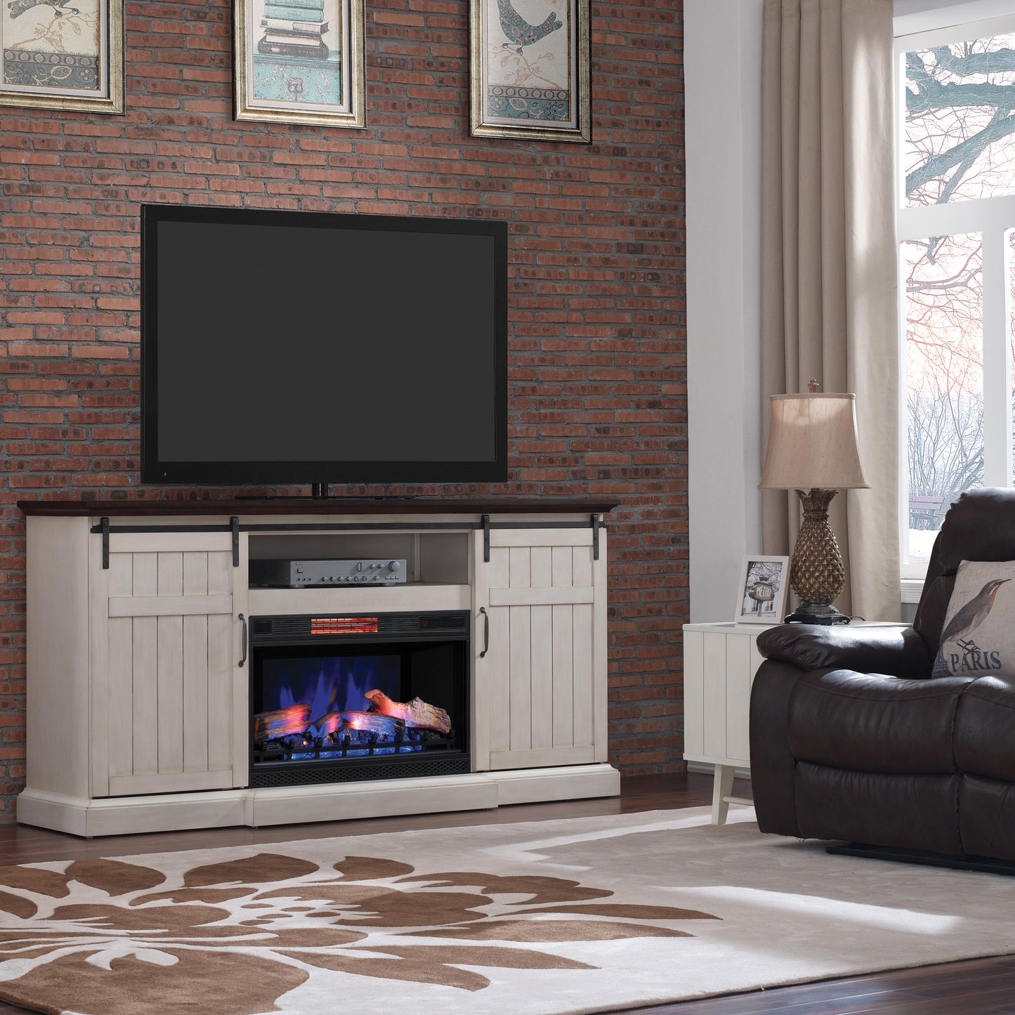 Cabaret TV Stand for TVs up to 80” with 32” 3D Infrared Quartz Electric Fireplace, Weathered White