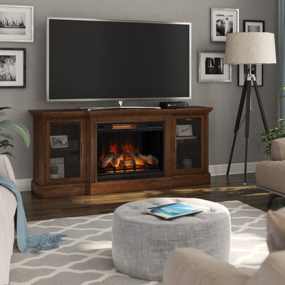 Living room with a wooden TV stand featuring a fireplace, television, and decor.