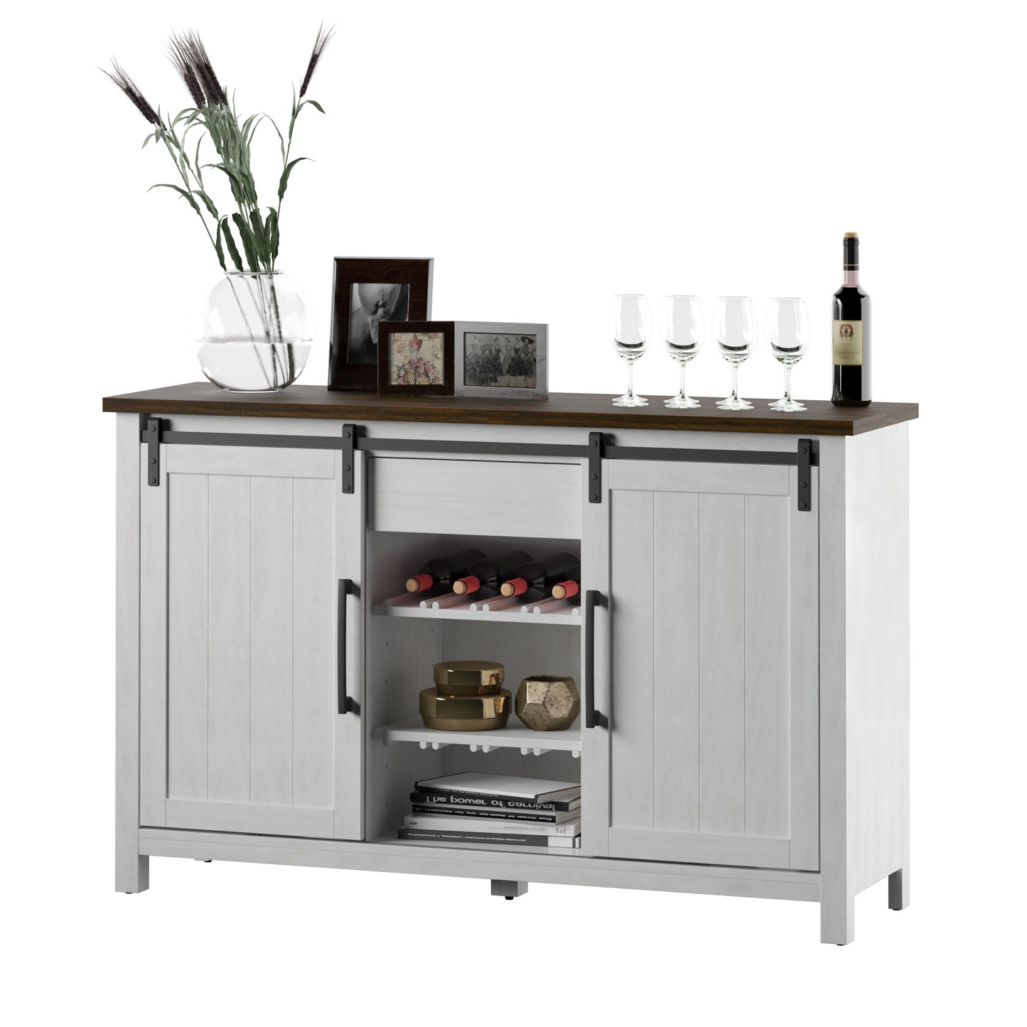 Modern Farmhouse Sideboard with Wine Storage and Sliding Barn Doors