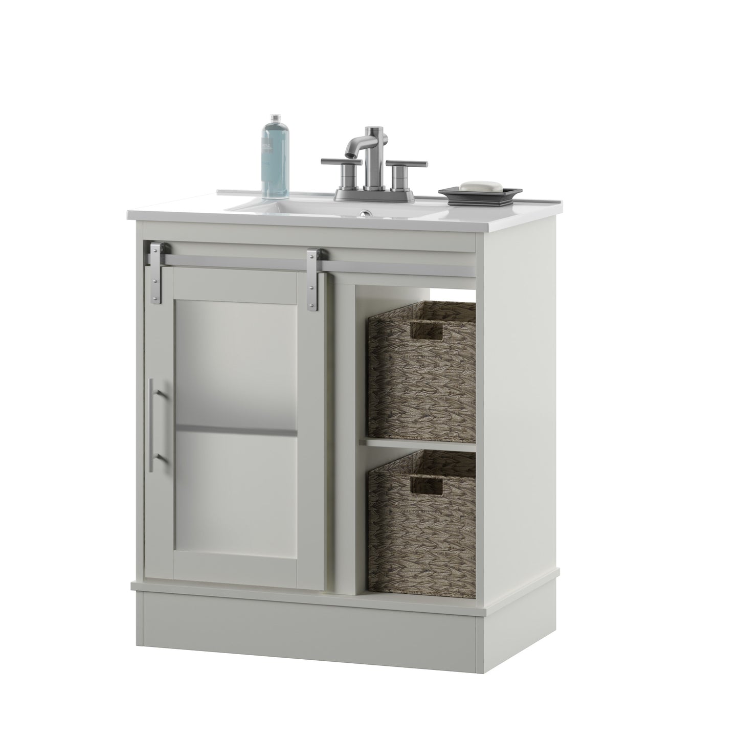 30" Contemporary Sliding Barn Door Single Bathroom Vanity with Woven Baskets