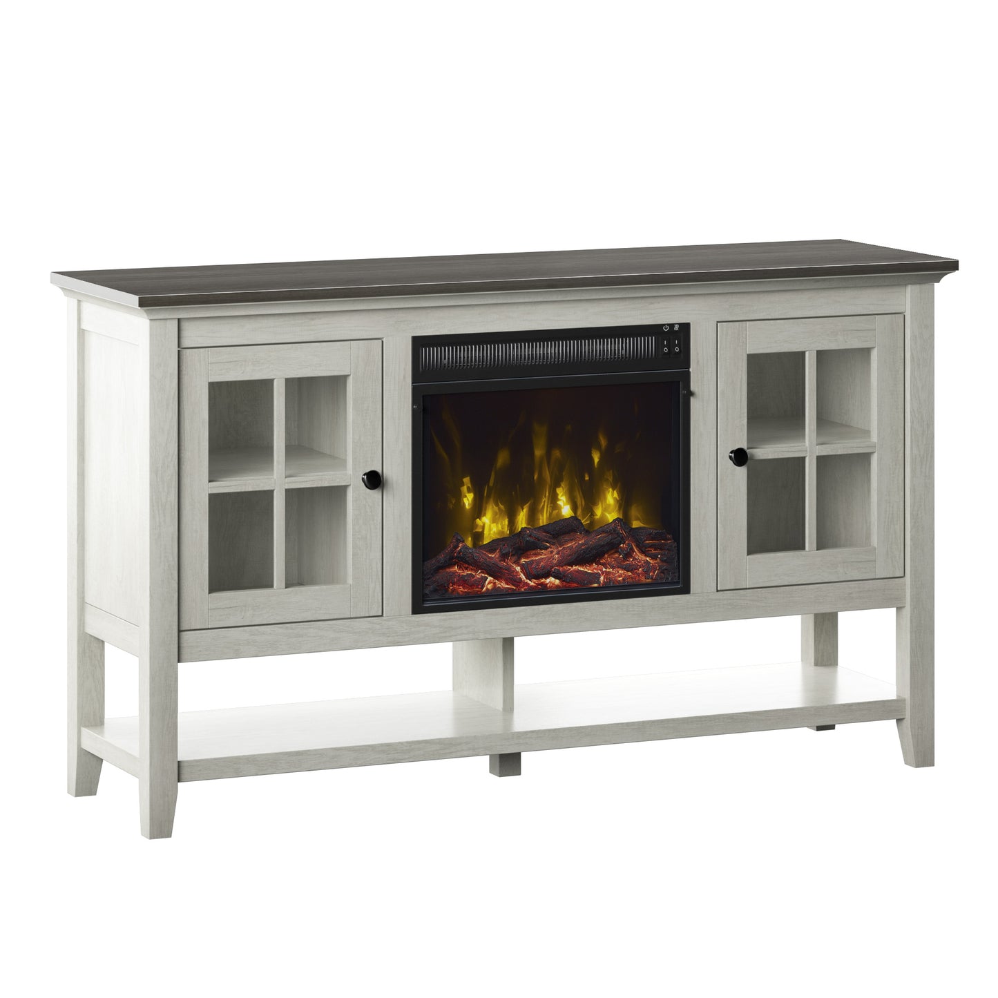 TV Stand for TVs up to 60" with Electric Fireplace and Window Pane Glass Doors