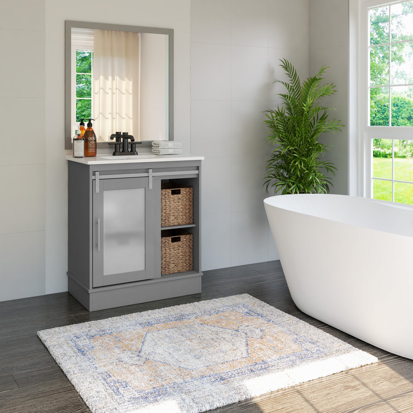 30" Contemporary Sliding Barn Door Single Bathroom Vanity with Woven Baskets