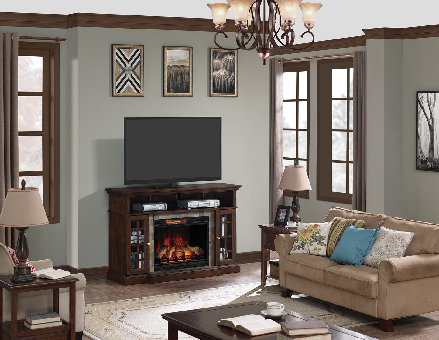 Lakeland TV Stand for TVs up to 65", Roasted Cherry (Electric Fireplace Insert sold separately)