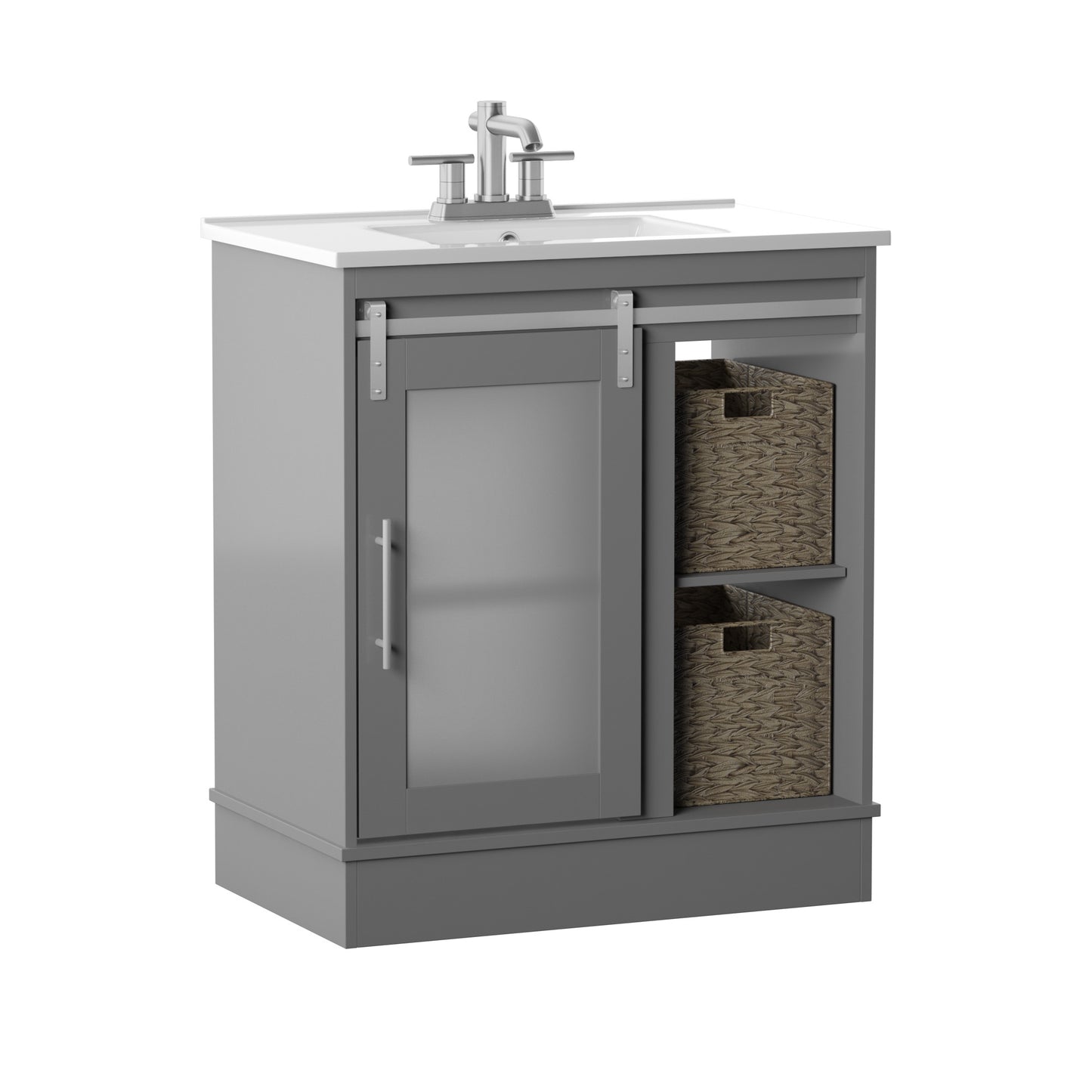 30" Contemporary Sliding Barn Door Single Bathroom Vanity with Woven Baskets