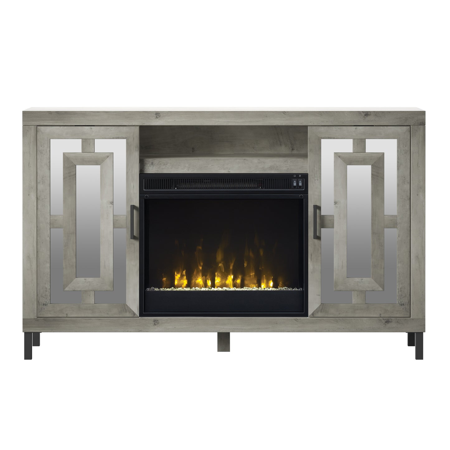 TV Stand for TVs up to 60" with Electric Fireplace and Mirrored Cabinet Doors