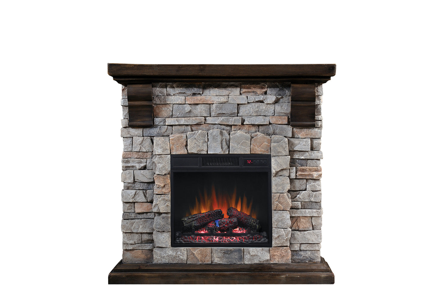Pioneer Fireplace Mantel with 18” Infrared Quartz Electric Fireplace, Brushed Dark Pine