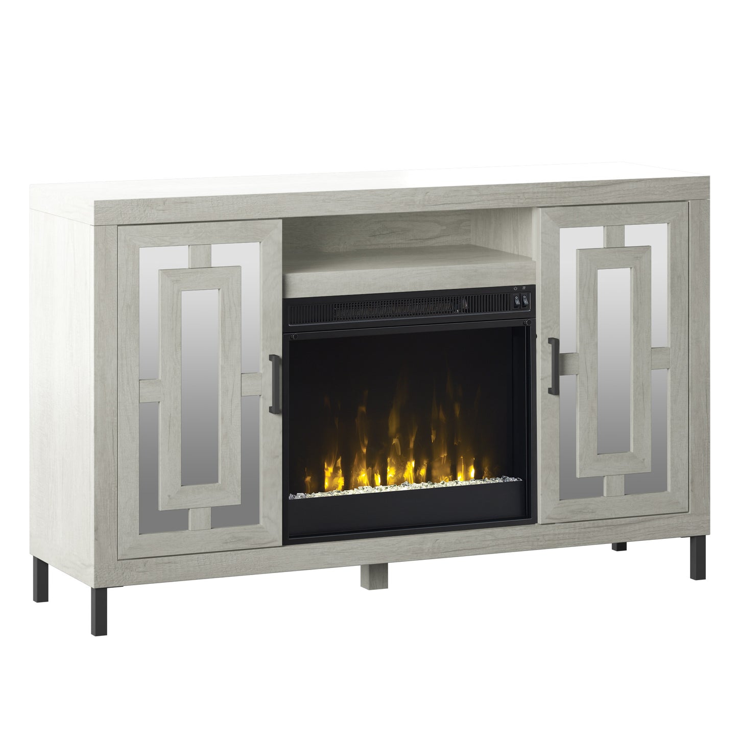 TV Stand for TVs up to 60" with Electric Fireplace and Mirrored Cabinet Doors