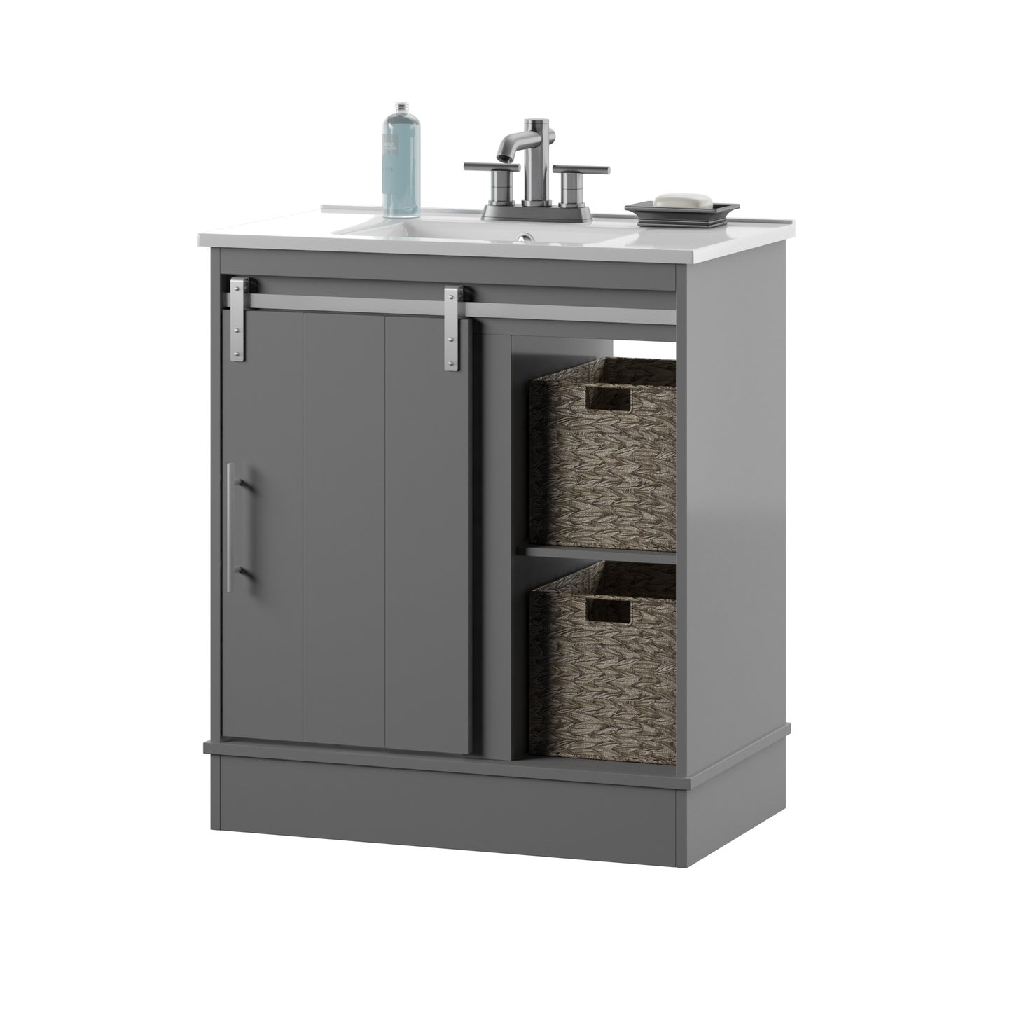 Dalton 30" Sliding Barn Door Single Bathroom Vanity with Woven Baskets
