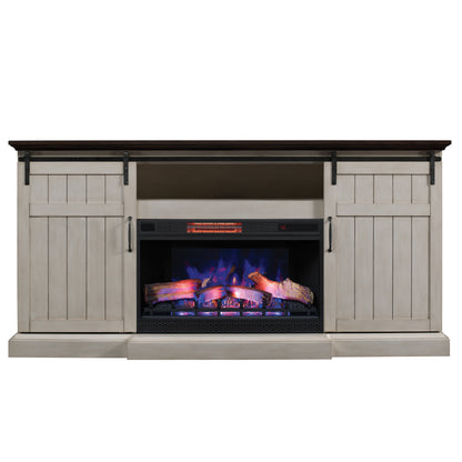 Cabaret TV Stand for TVs up to 80” with 32” 3D Infrared Quartz Electric Fireplace, Weathered White