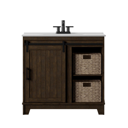 36" Sliding Barn Door Single Bathroom Vanity with Woven Baskets