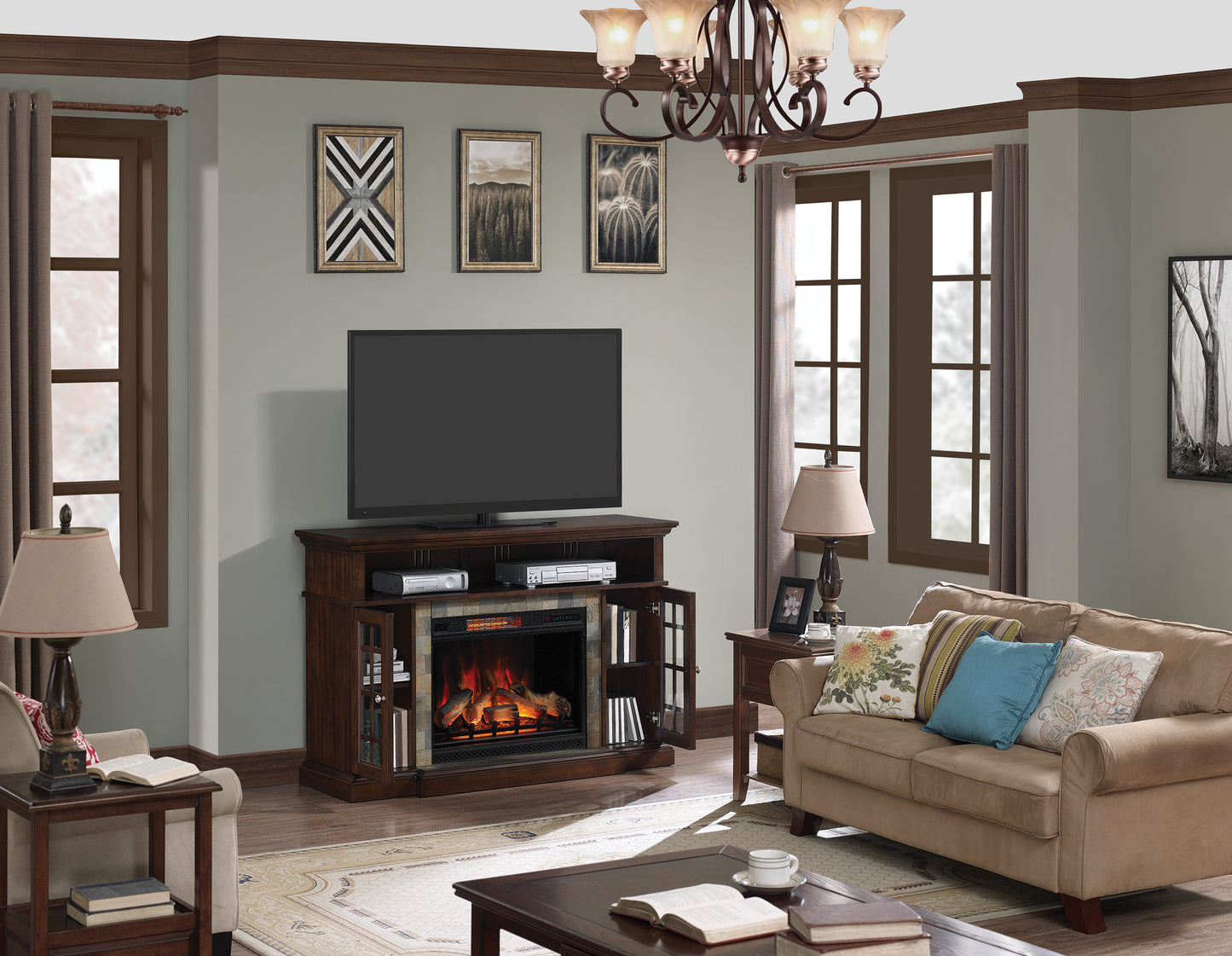 Lakeland TV Stand for TVs up to 65", Roasted Cherry (Electric Fireplace Insert sold separately)