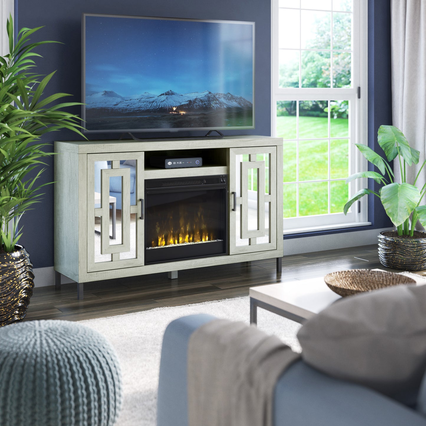TV Stand for TVs up to 60" with Electric Fireplace and Mirrored Cabinet Doors