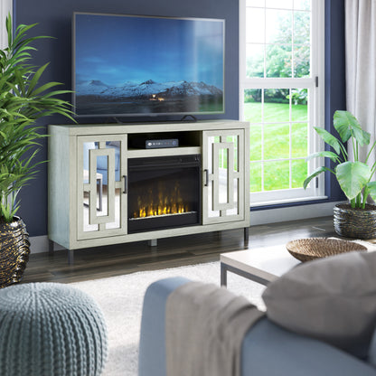 TV Stand for TVs up to 60" with Electric Fireplace and Mirrored Cabinet Doors