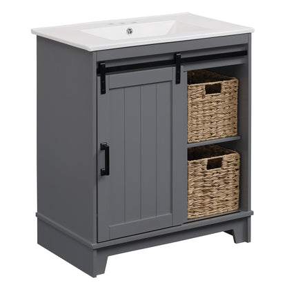30" Sliding Barn Door Single Bathroom Vanity with Woven Baskets
