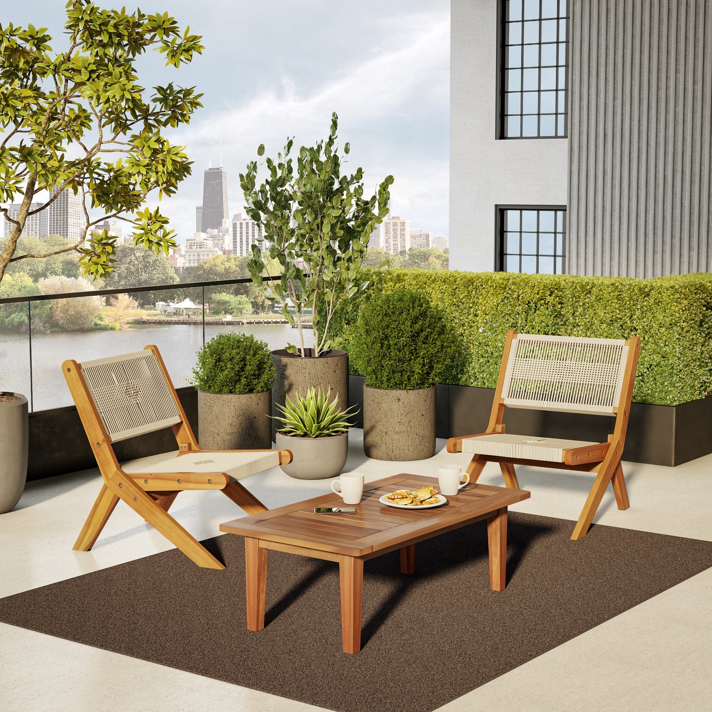 TK Classics 3 Piece Acacia Conversation Set with Folding Seating