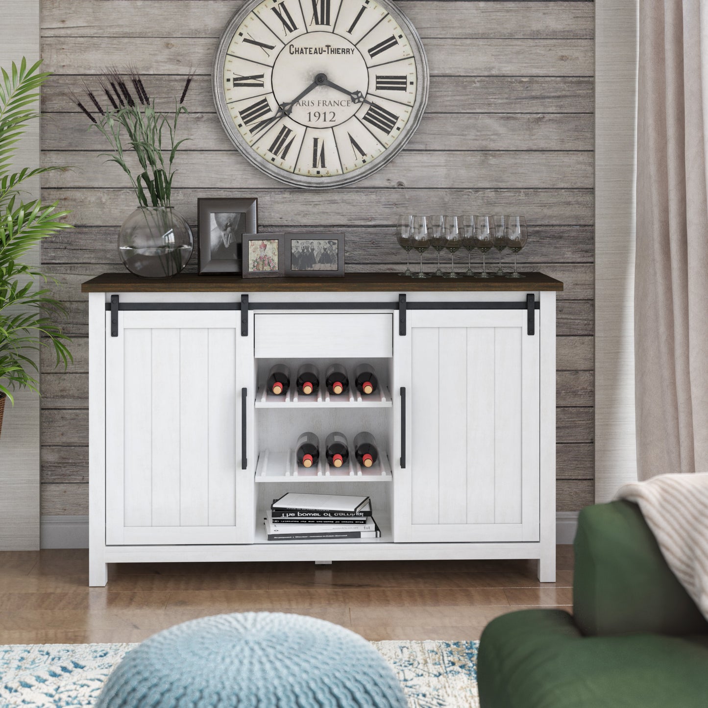 Modern Farmhouse Sideboard with Wine Storage and Sliding Barn Doors