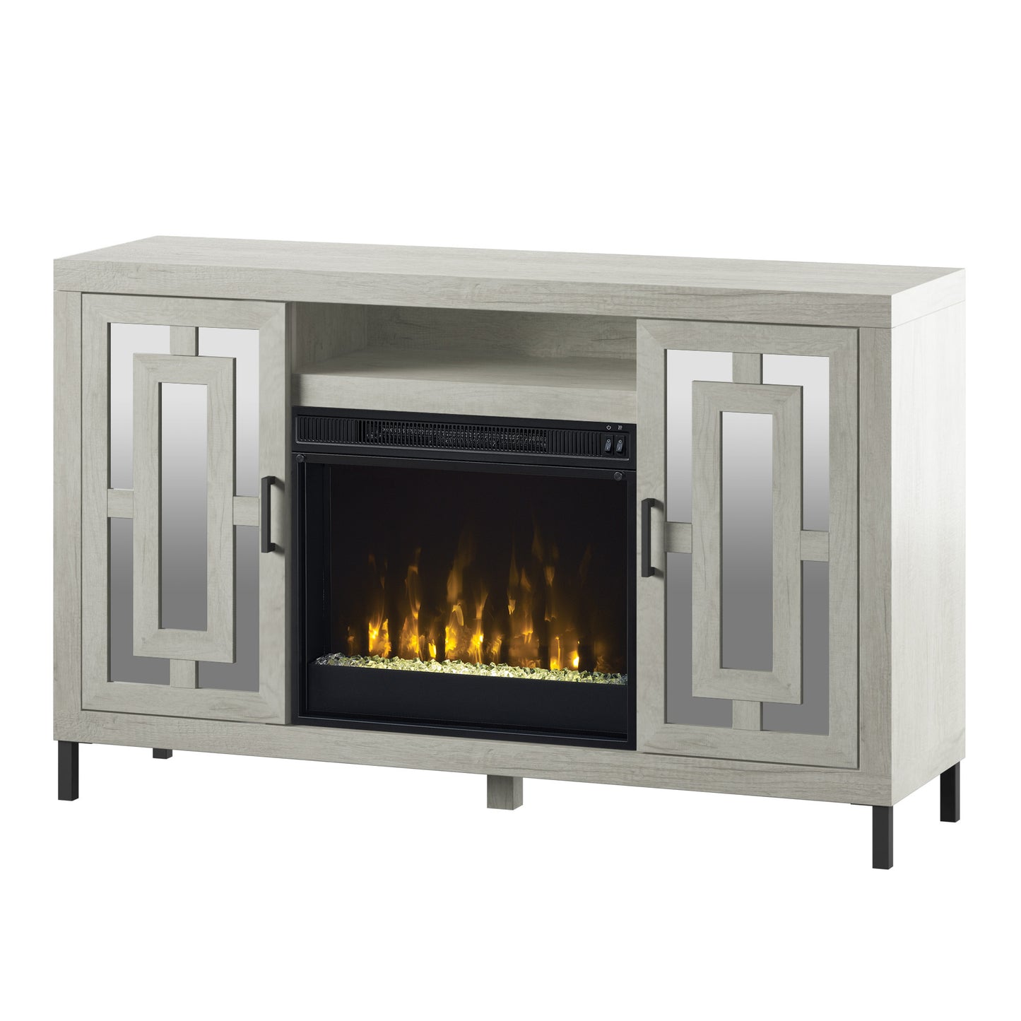 TV Stand for TVs up to 60" with Electric Fireplace and Mirrored Cabinet Doors