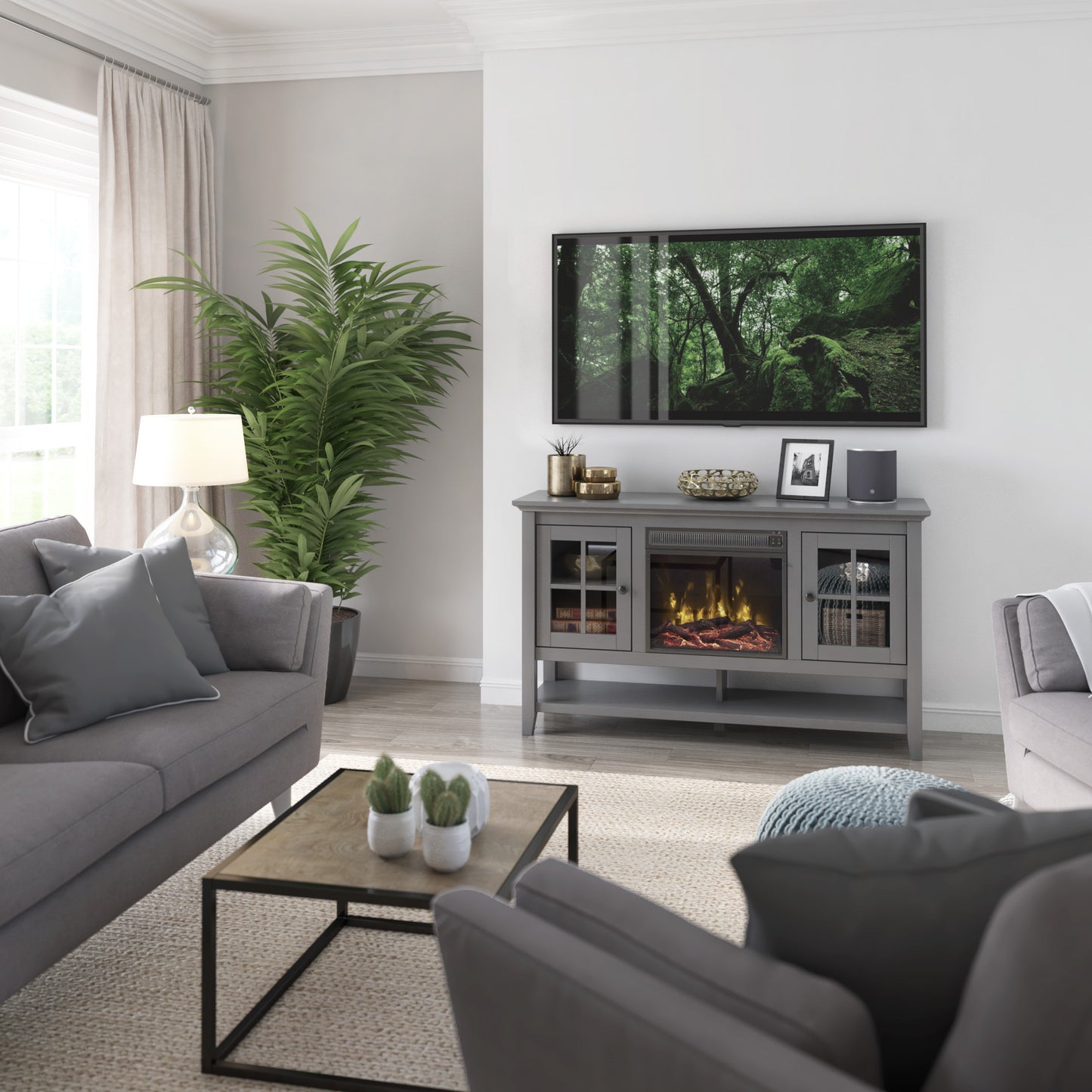 TV Stand for TVs up to 60" with Electric Fireplace and Window Pane Glass Doors