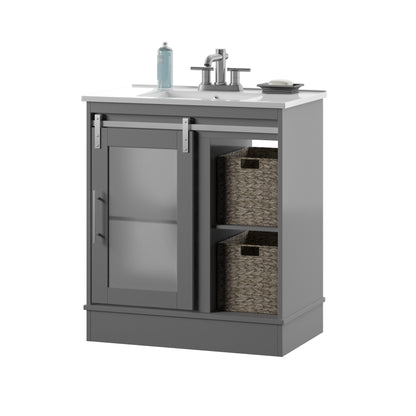 30" Contemporary Sliding Barn Door Single Bathroom Vanity with Woven Baskets