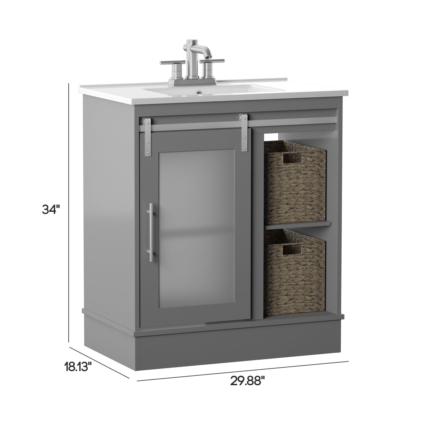 30" Contemporary Sliding Barn Door Single Bathroom Vanity with Woven Baskets