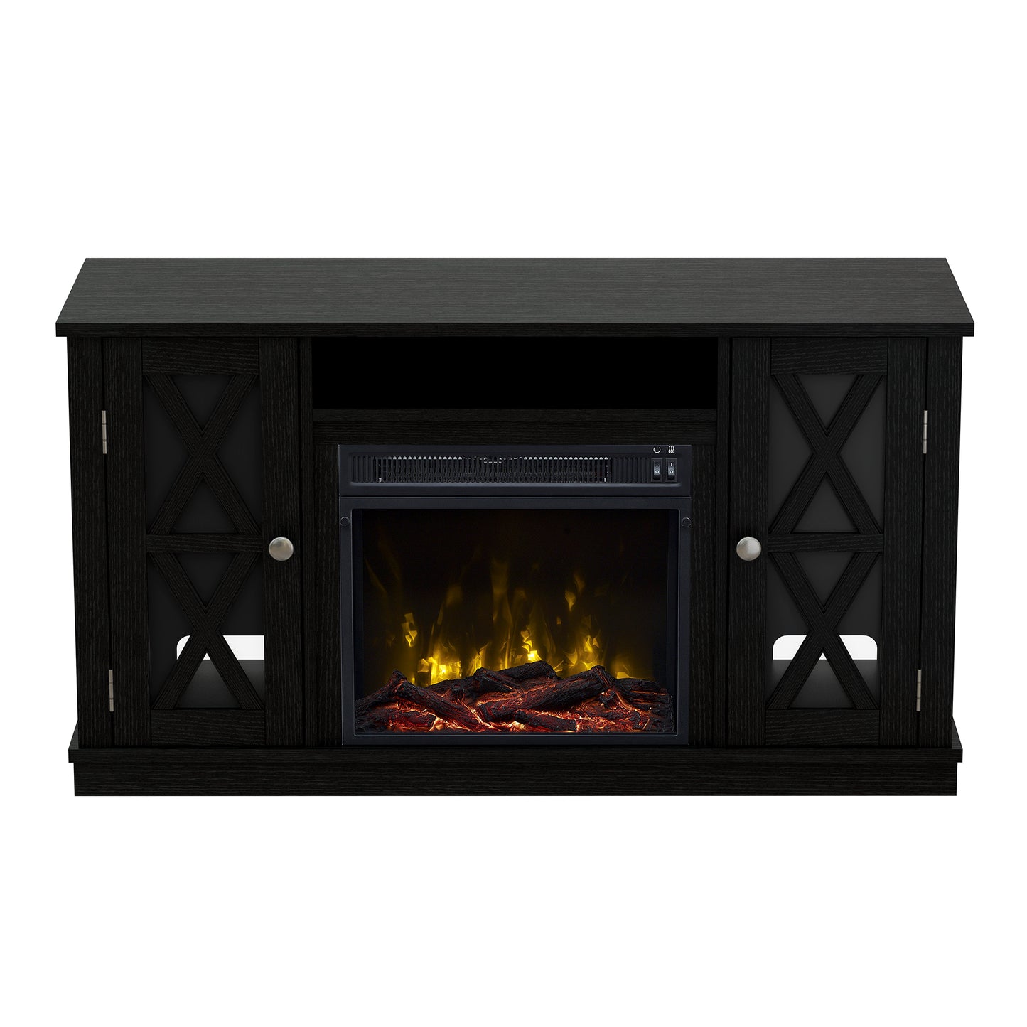 TV Stand for TVs up to 55" with Electric Fireplace and Glass Doors with X Mullions