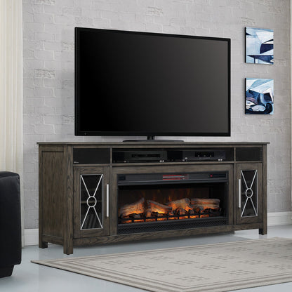 Living room with a TV console featuring an electric fireplace, surrounded by furniture and decor.