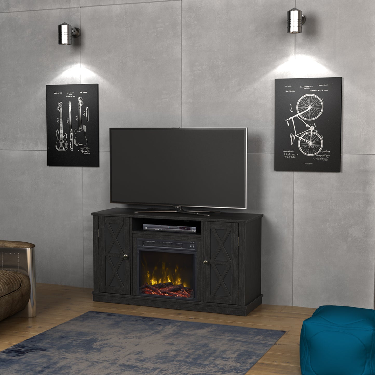 TV Stand for TVs up to 55" with Electric Fireplace and Glass Doors with X Mullions