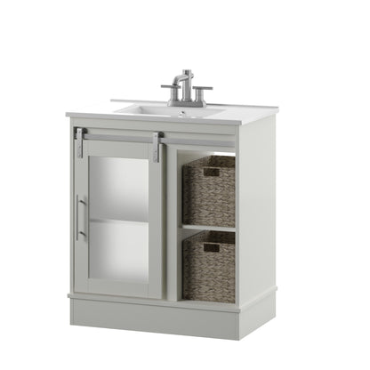 30" Contemporary Sliding Barn Door Single Bathroom Vanity with Woven Baskets