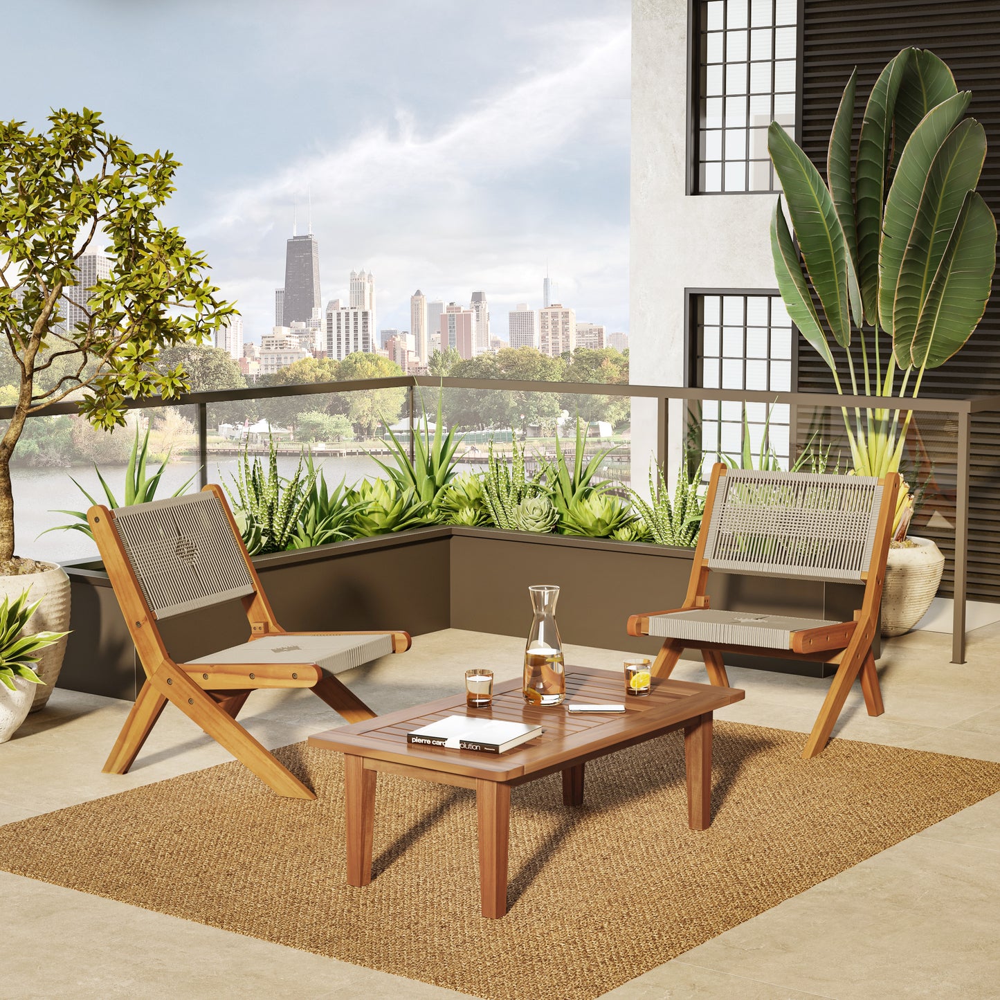 TK Classics 3 Piece Acacia Conversation Set with Folding Seating