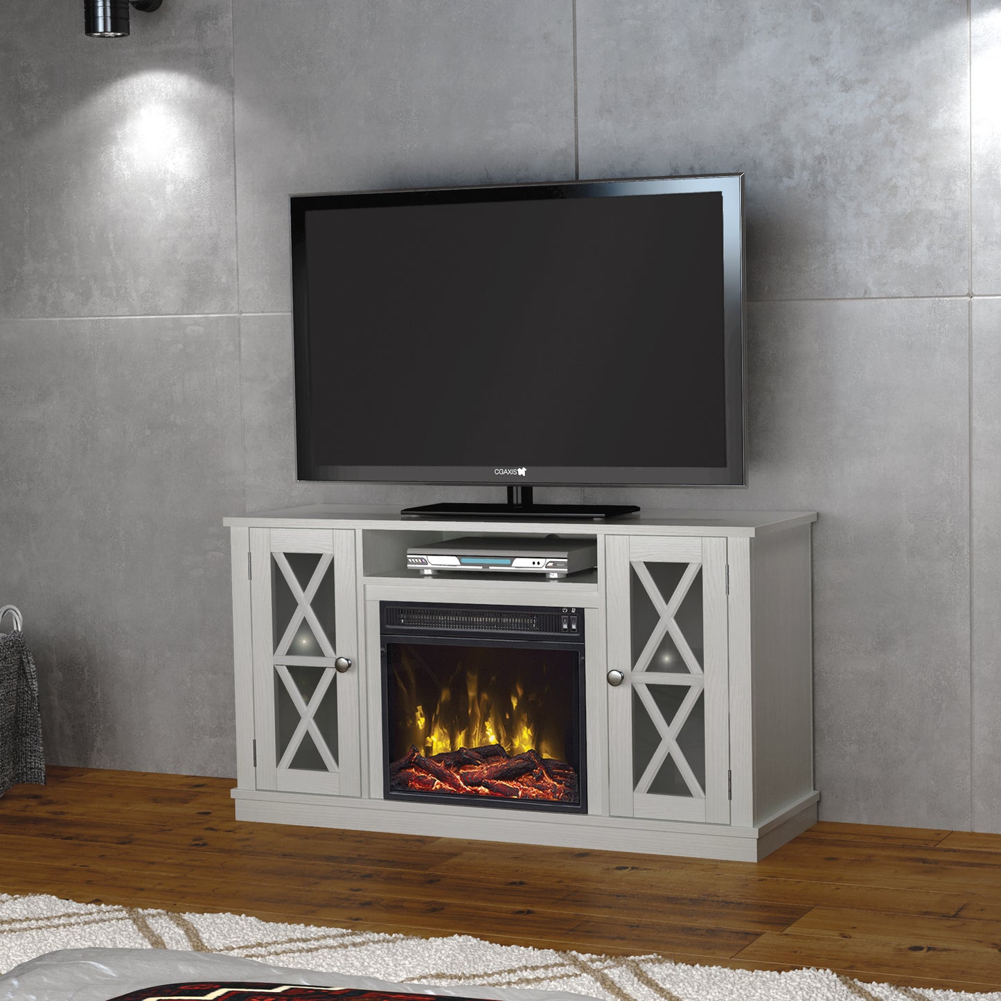 TV Stand for TVs up to 55" with Electric Fireplace and Glass Doors with X Mullions