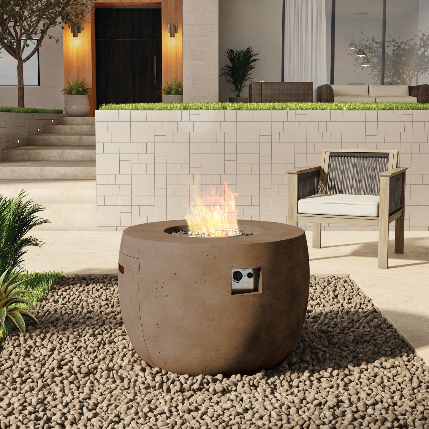 TK Classics 34.5” Round Fire Pit with Travertine Stone Finish