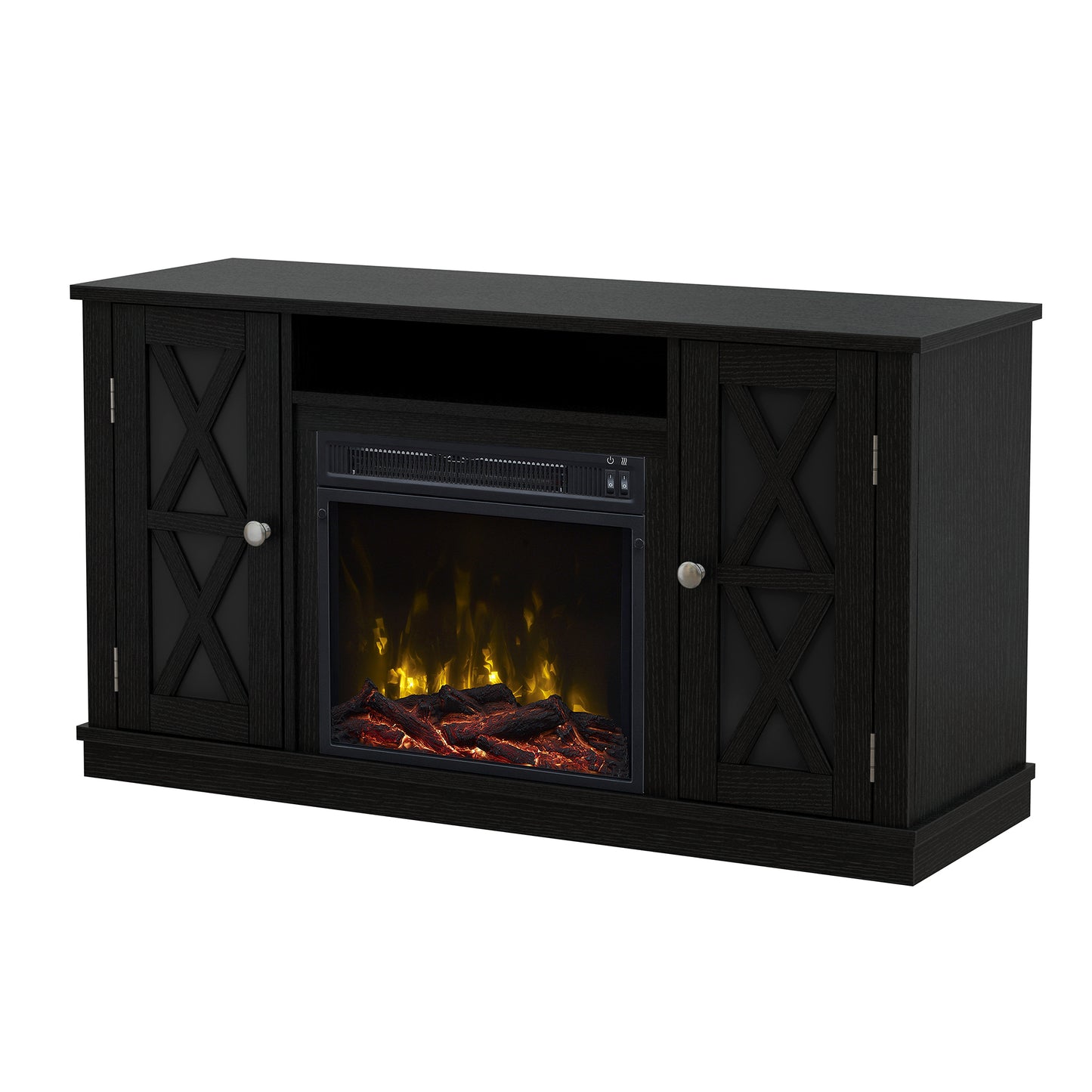 TV Stand for TVs up to 55" with Electric Fireplace and Glass Doors with X Mullions