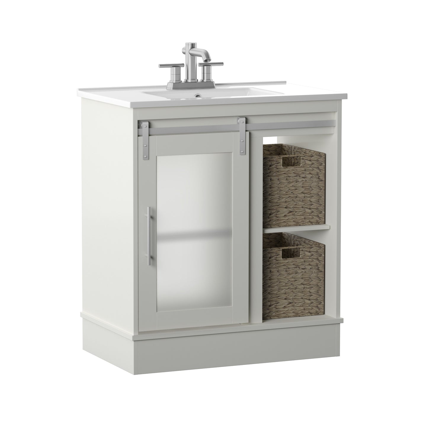 30" Contemporary Sliding Barn Door Single Bathroom Vanity with Woven Baskets