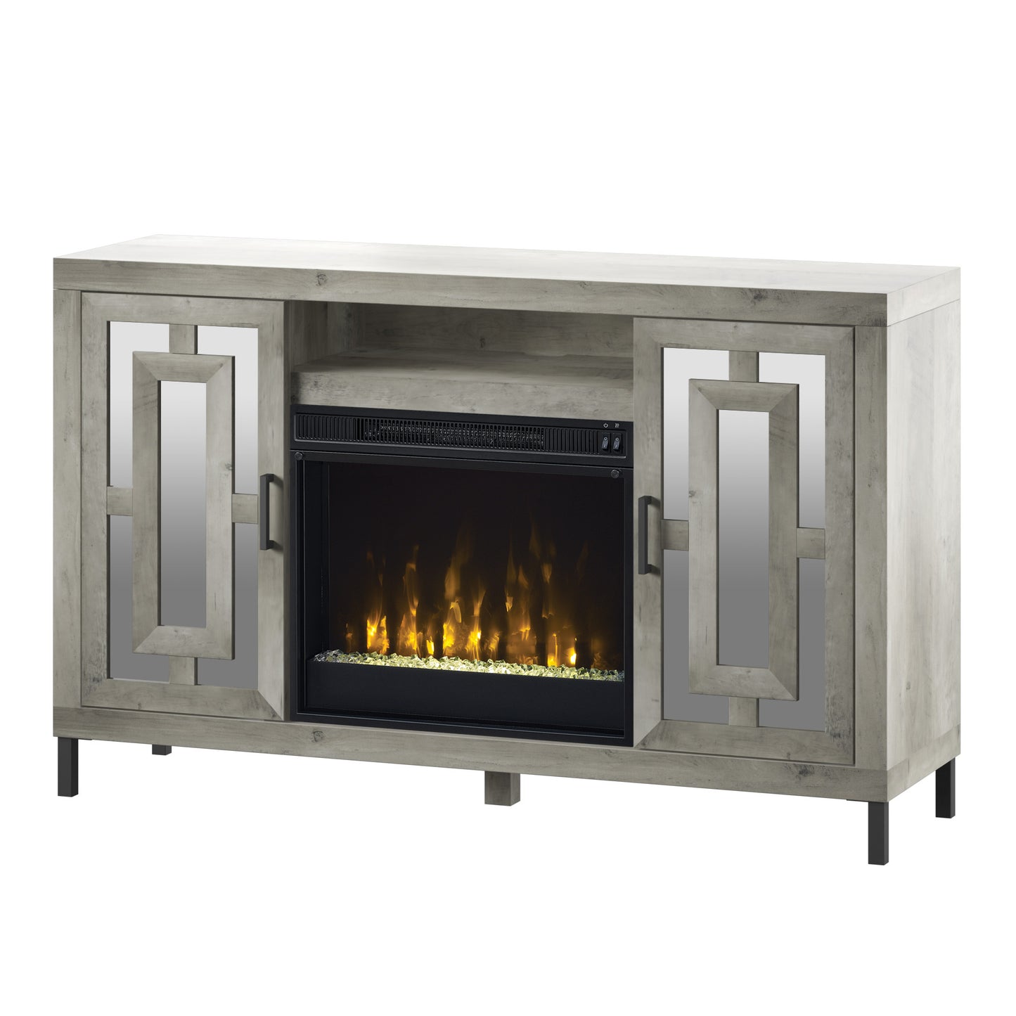 TV Stand for TVs up to 60" with Electric Fireplace and Mirrored Cabinet Doors