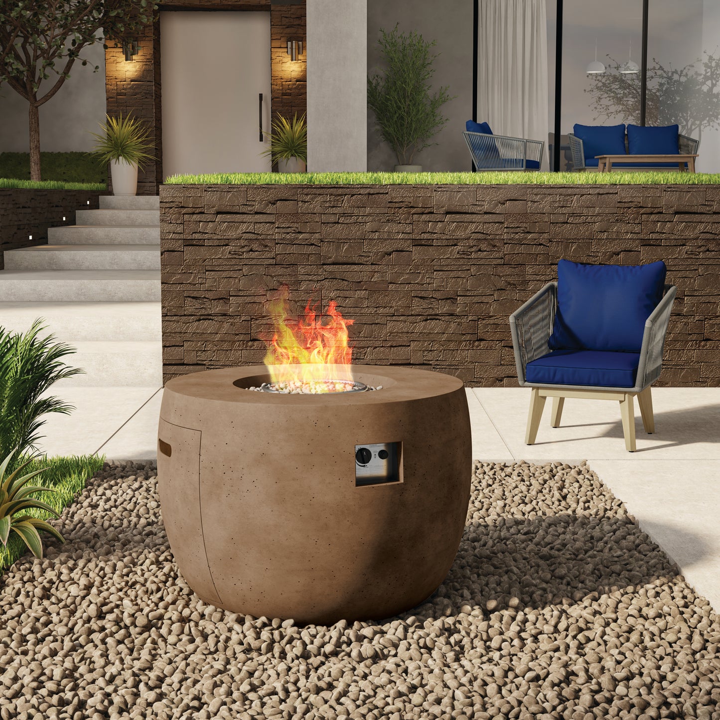 TK Classics 34.5” Round Fire Pit with Travertine Stone Finish