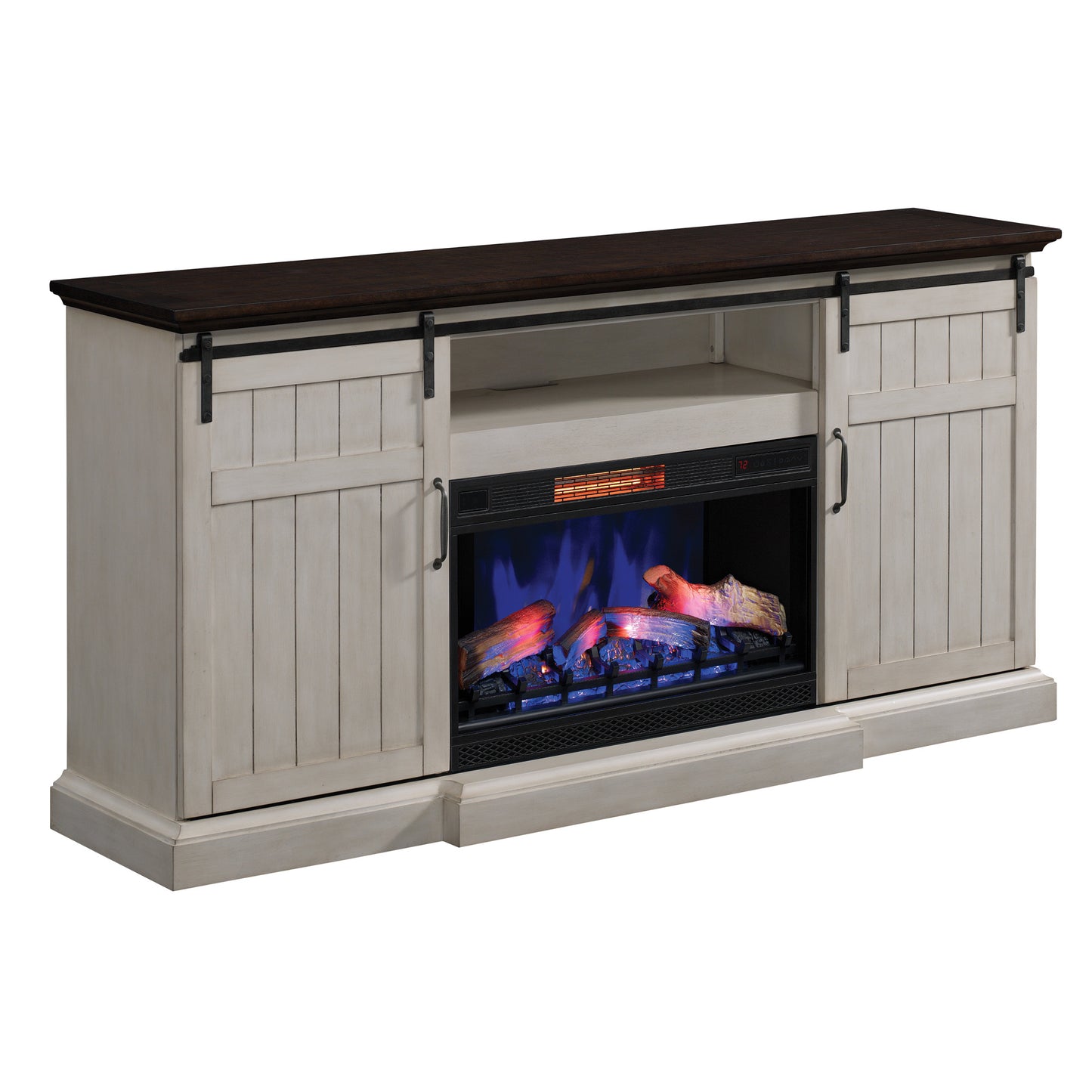 Cabaret TV Stand for TVs up to 80” with 32” 3D Infrared Quartz Electric Fireplace, Weathered White