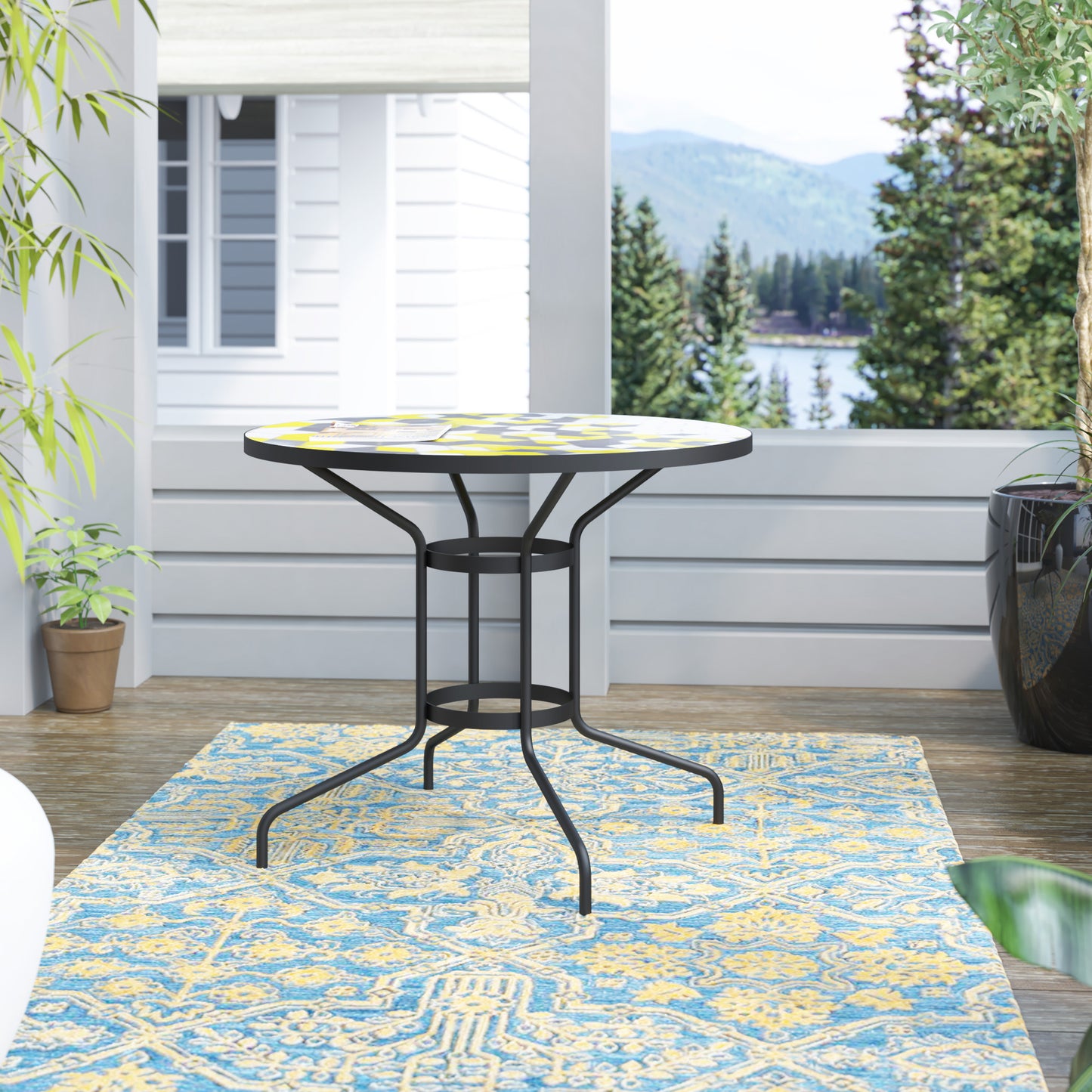 TK Classics Round Outdoor Dining Table with Geometric Tabletop, 35"W