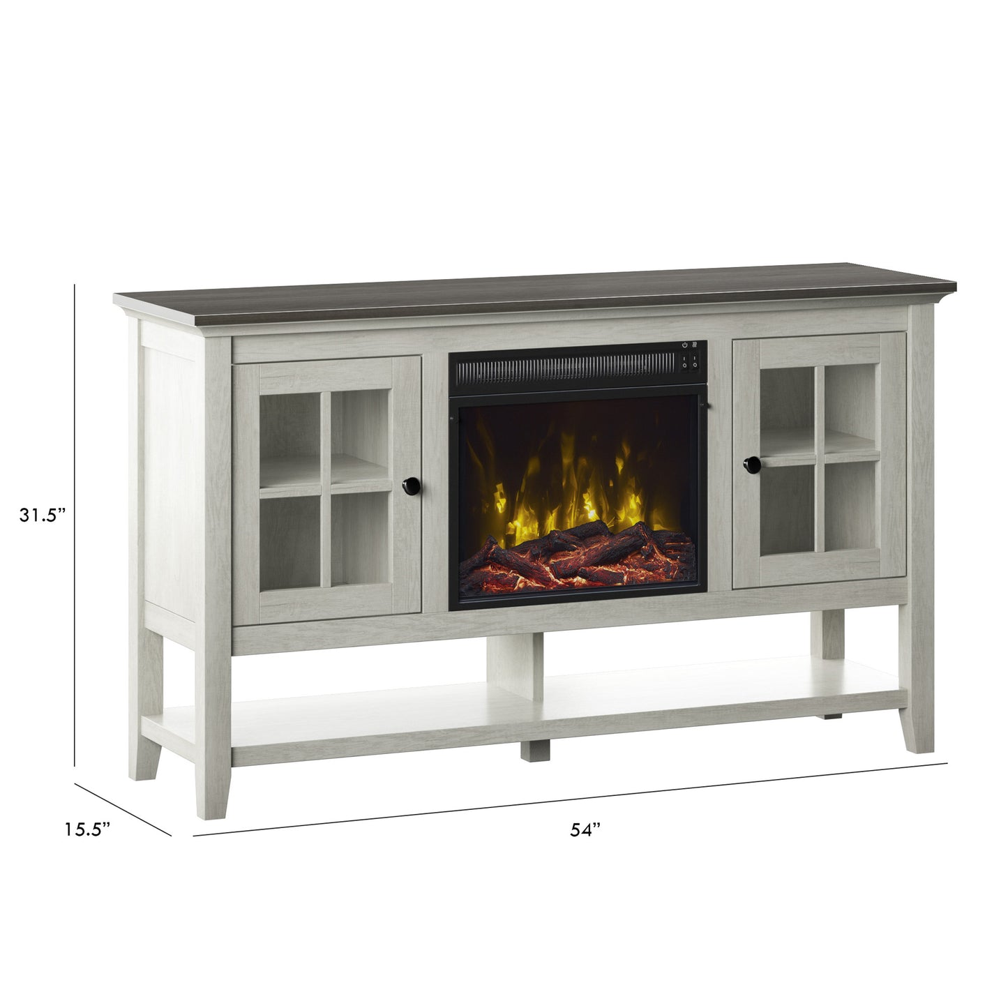 TV Stand for TVs up to 60" with Electric Fireplace and Window Pane Glass Doors