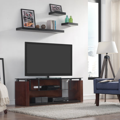Modern living room with a TV stand, shelves, and a blue chair.
