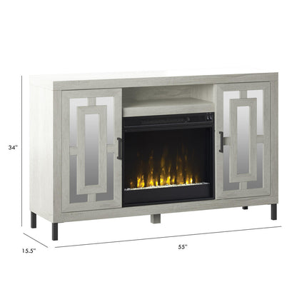 TV Stand for TVs up to 60" with Electric Fireplace and Mirrored Cabinet Doors