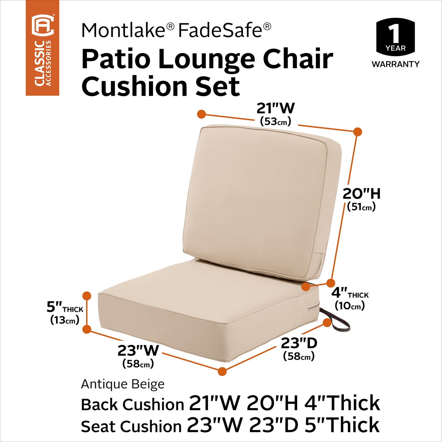 Classic Accessories Montlake FadeSafe Weatherproof Outdoor Chair Cushion, Set of 2