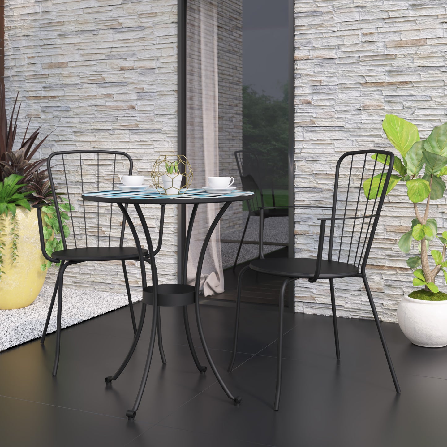 TK Classics 3 Piece Outdoor Dining Set with Geometric Mosaic Tabletop, 24”W